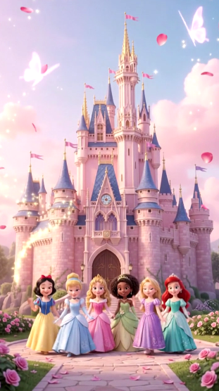 Dreamy fairytale castle and princesses in a pastel garden