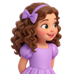 Flora, a little princess with curly brown hair and a purple dress